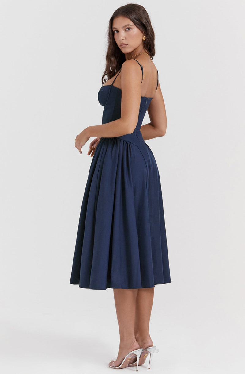 Stylish ladies' summer dress with spaghetti straps & waist corset – Mira-Blue-S-State of Style