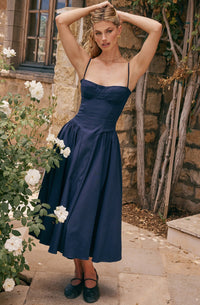 Stylish ladies' summer dress with spaghetti straps & waist corset – Mira-Blue-S-State of Style