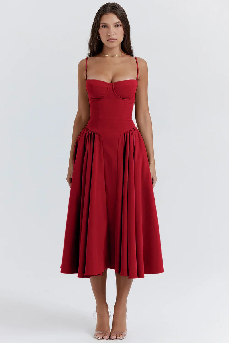 Stylish ladies' summer dress with spaghetti straps & waist corset – Mira-Red-S-State of Style