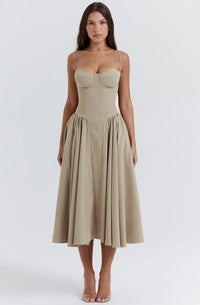 Stylish ladies' summer dress with spaghetti straps & waist corset – Mira-Taupe-S-State of Style