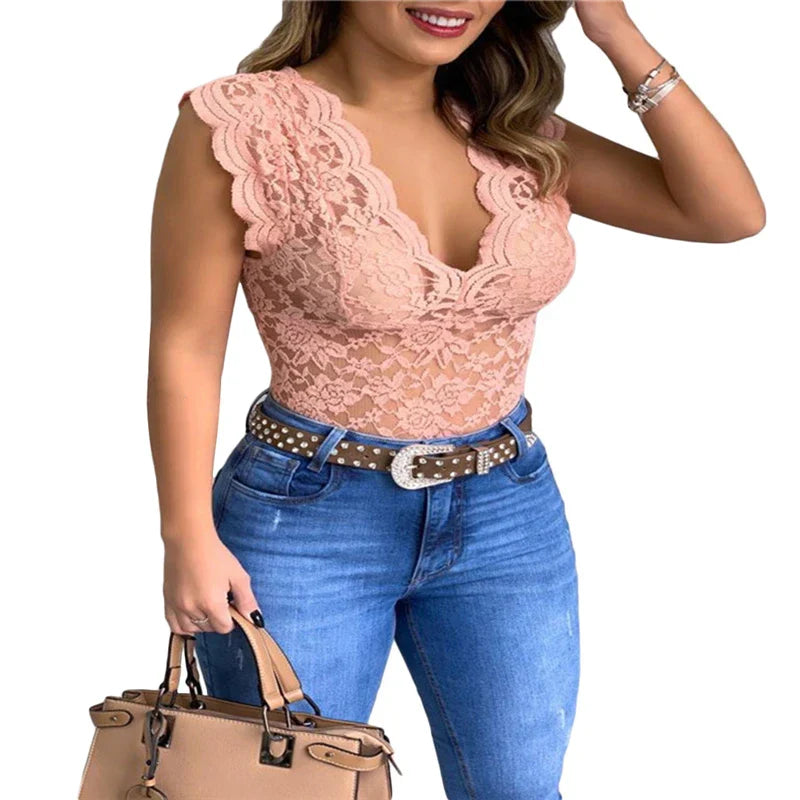 Stylish ladies' summer top made of lace with floral pattern - SpitzenLicht-Pink-S-State of Style