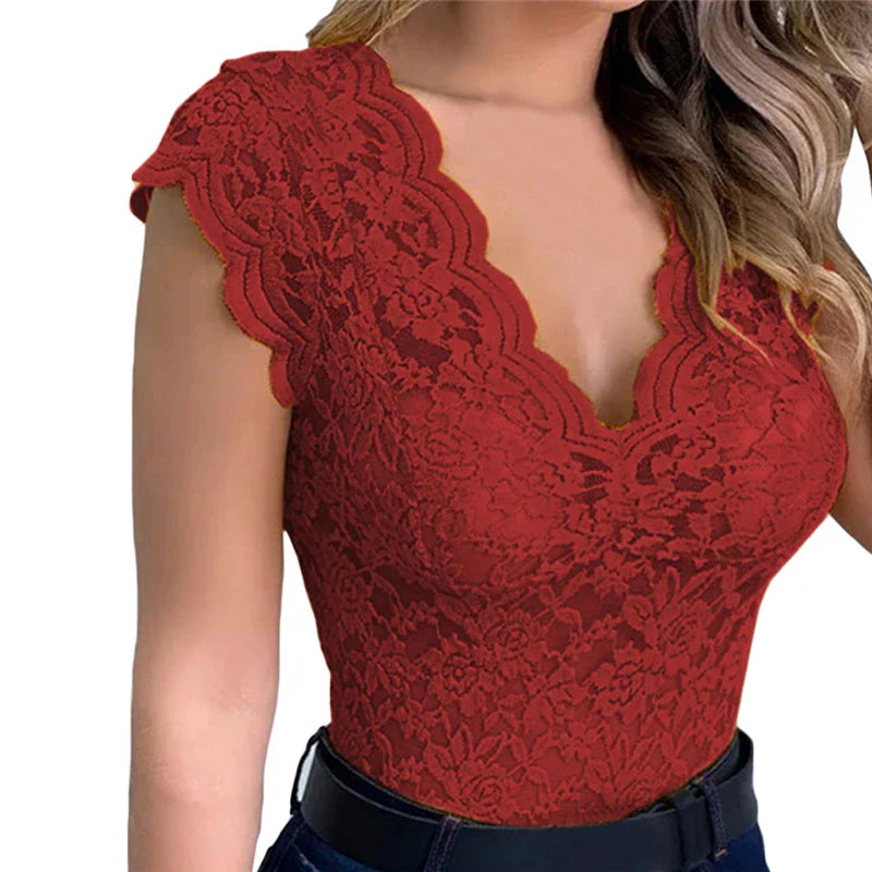 Stylish ladies' summer top made of lace with floral pattern - SpitzenLicht-Red-S-State of Style