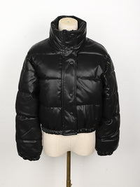 Stylish Leather Puffer Jacket for Women | CoolJacket-Black-S-State of Style