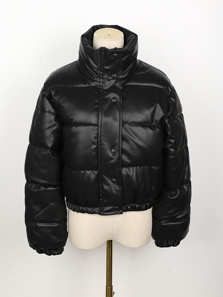 Stylish Leather Puffer Jacket for Women | CoolJacket-Black-S-State of Style