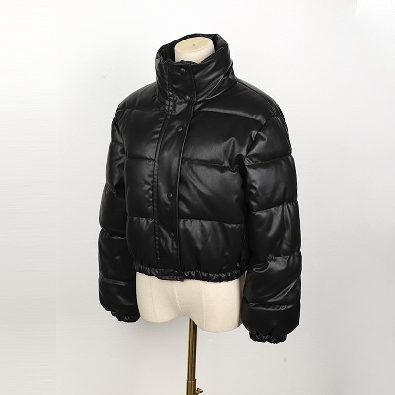 Stylish Leather Puffer Jacket for Women | CoolJacket-Black-S-State of Style