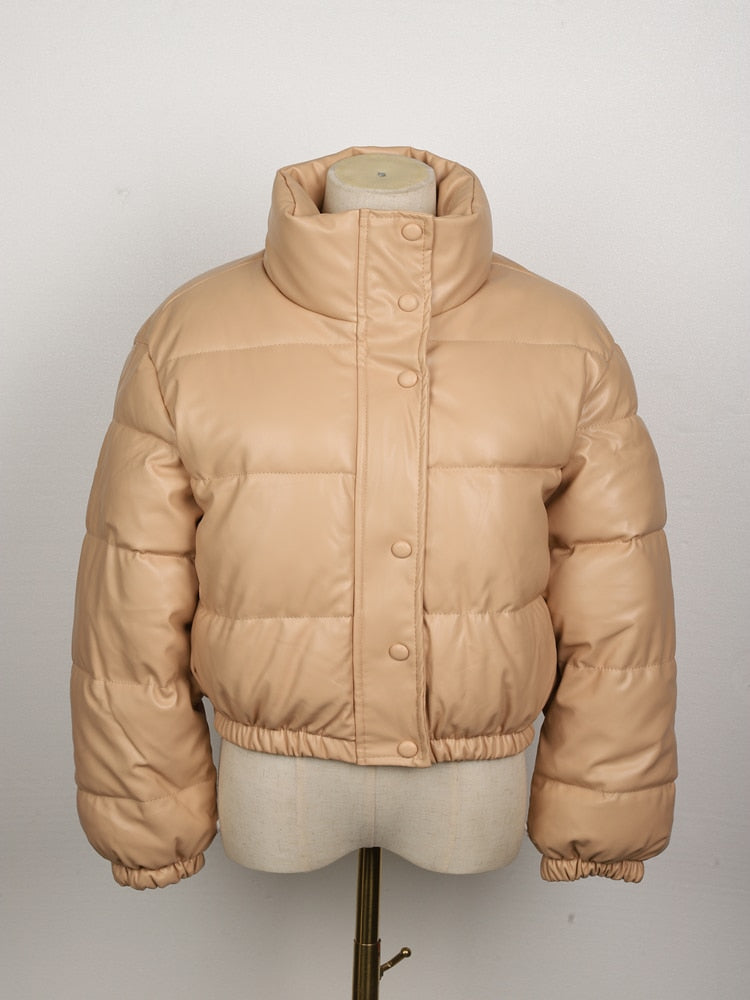 Stylish Leather Puffer Jacket for Women | CoolJacket-Khaki-S-State of Style