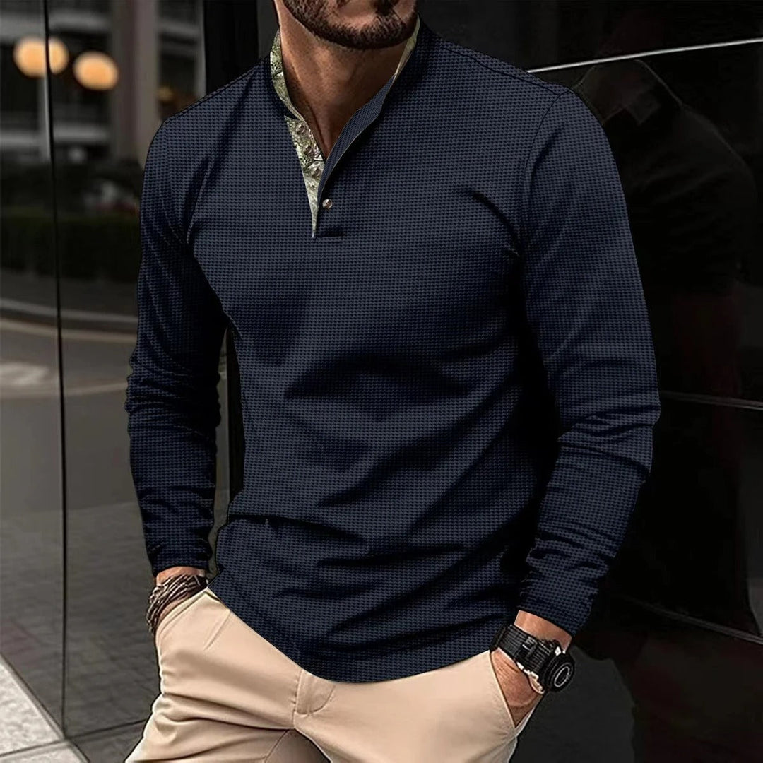 Stylish Long Sleeve Men’s Polo - Finn-Navy Blue-S-State of Style