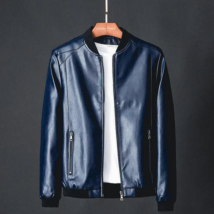 Stylish men's leather jacket made of synthetic leather with precision details – Tarek-Blue-XS-State of Style