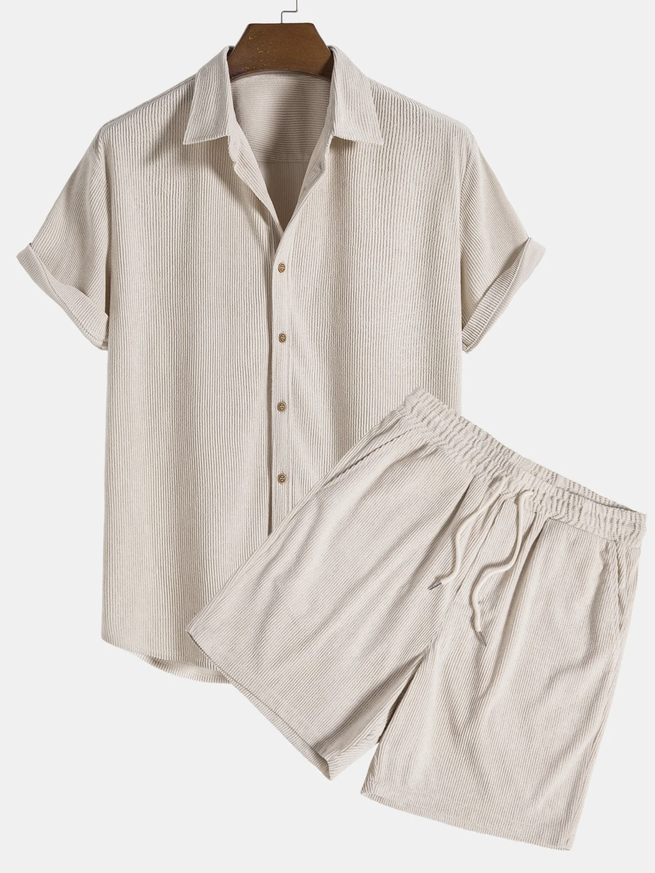 Stylish men's summer set with shirt and cord shorts - SummerCore-Beige-S-State of Style
