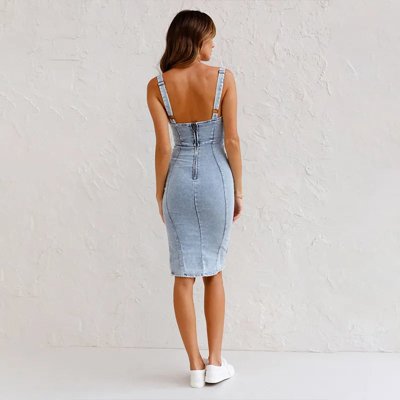 Stylish midi dress with slit – Rike-Blue-S-State of Style