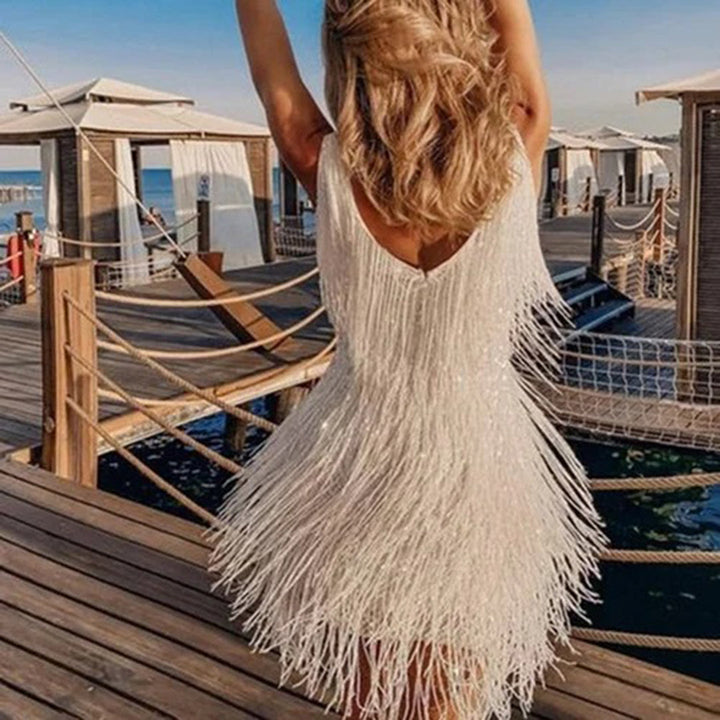 Stylish Mini Dress with Tassels - Celeste-White-S-State of Style