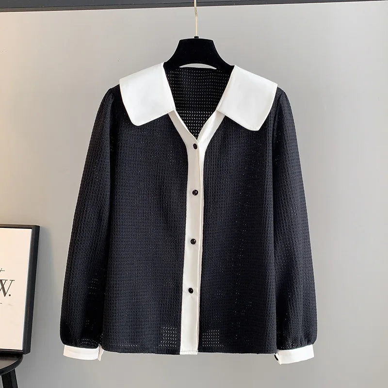 Stylish Plus-Size Spring Shirt with Contrast Lapel-Black-6XL-State of Style