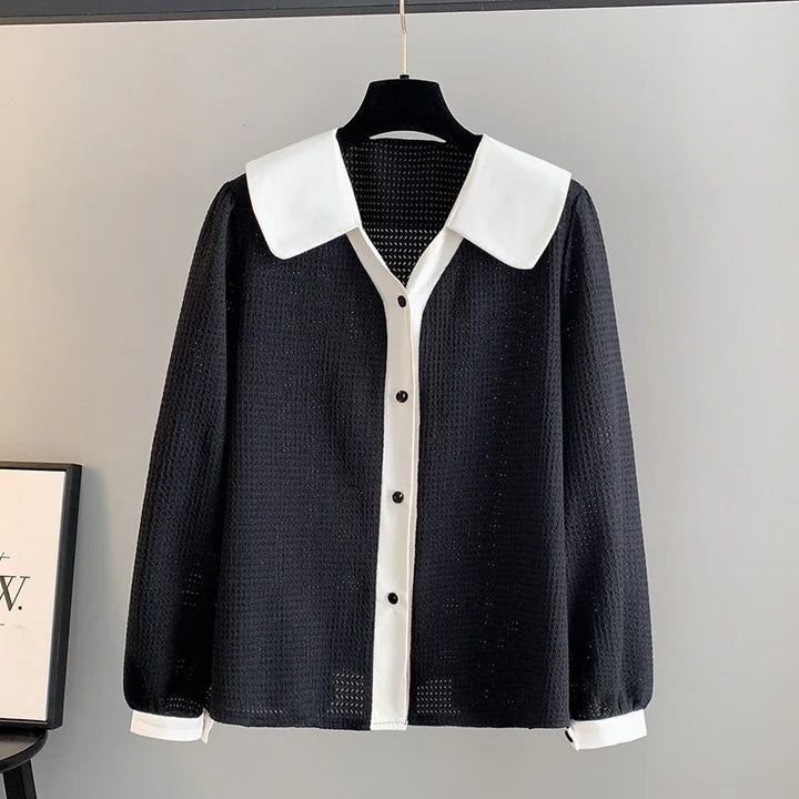 Stylish Plus-Size Spring Shirt with Contrast Lapel-Black-6XL-State of Style