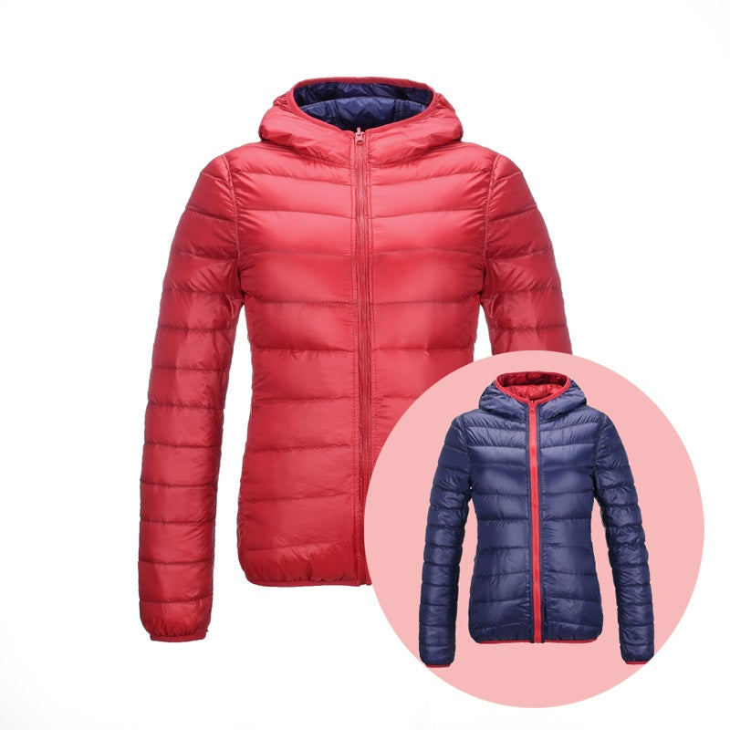 Stylish Reversible Women's Down Jacket - Aurora-Red/Dark Blue-S-State of Style