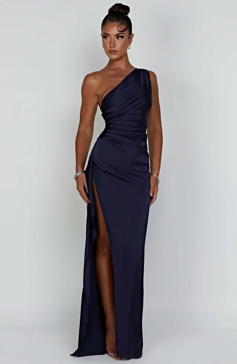 Stylish Satin Dress with Pleats and Shoulder Detail - Selene-Navy Blue-XS-State of Style