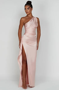 Stylish Satin Dress with Pleats and Shoulder Detail - Selene-Red-XS-State of Style