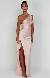 Stylish Satin Dress with Pleats and Shoulder Detail - Selene-Red-XS-State of Style