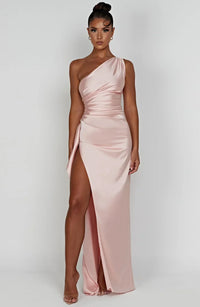 Stylish Satin Dress with Pleats and Shoulder Detail - Selene-Red-XS-State of Style
