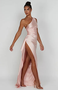 Stylish Satin Dress with Pleats and Shoulder Detail - Selene-Red-XS-State of Style