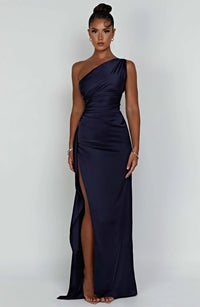 Stylish Satin Dress with Pleats and Shoulder Detail - Selene-Red-XS-State of Style