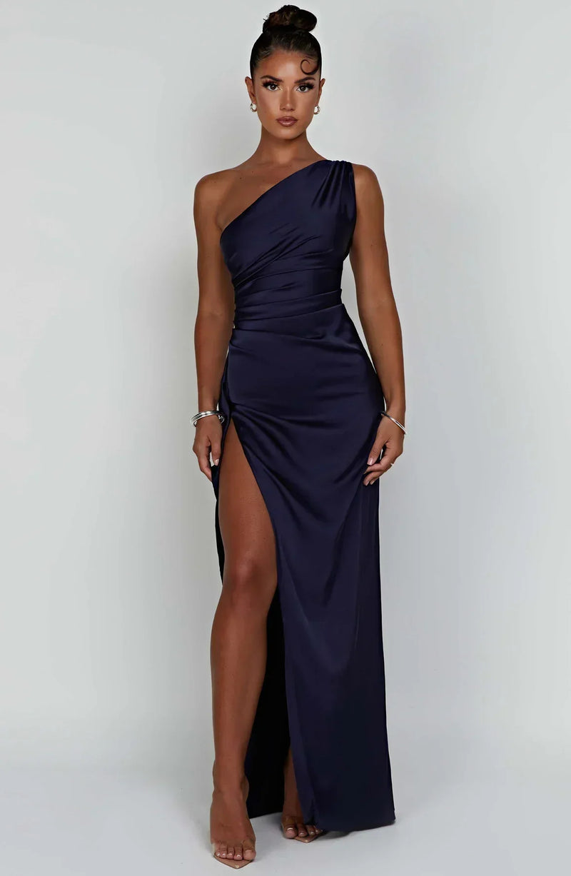 Stylish Satin Dress with Pleats and Shoulder Detail - Selene-Red-XS-State of Style