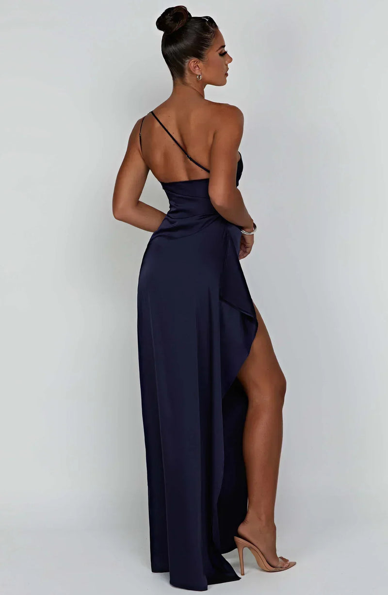 Stylish Satin Dress with Pleats and Shoulder Detail - Selene-Red-XS-State of Style