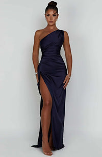 Stylish Satin Dress with Pleats and Shoulder Detail - Selene-Red-XS-State of Style