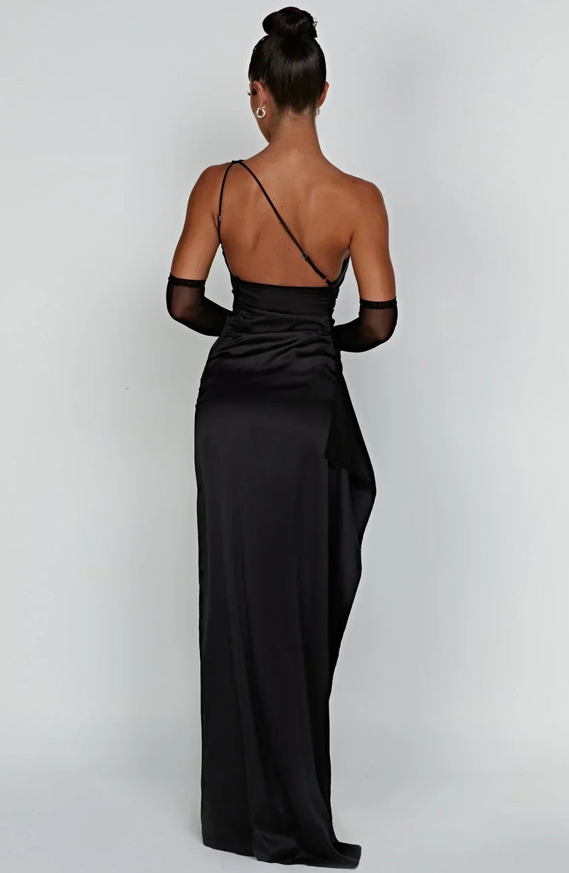 Stylish Satin Dress with Pleats and Shoulder Detail - Selene-Red-XS-State of Style
