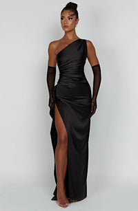 Stylish Satin Dress with Pleats and Shoulder Detail - Selene-Red-XS-State of Style