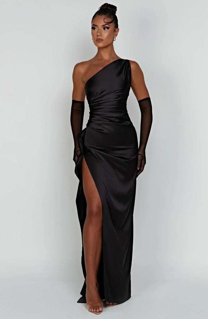 Stylish Satin Dress with Pleats and Shoulder Detail - Selene-Red-XS-State of Style