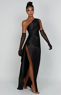 Stylish Satin Dress with Pleats and Shoulder Detail - Selene-Red-XS-State of Style