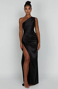 Stylish Satin Dress with Pleats and Shoulder Detail - Selene-Red-XS-State of Style