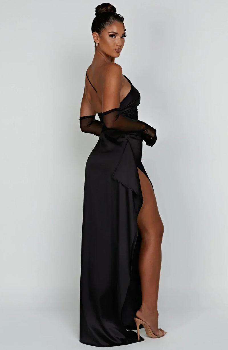 Stylish Satin Dress with Pleats and Shoulder Detail - Selene-Red-XS-State of Style
