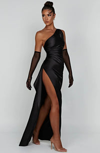 Stylish Satin Dress with Pleats and Shoulder Detail - Selene-Red-XS-State of Style