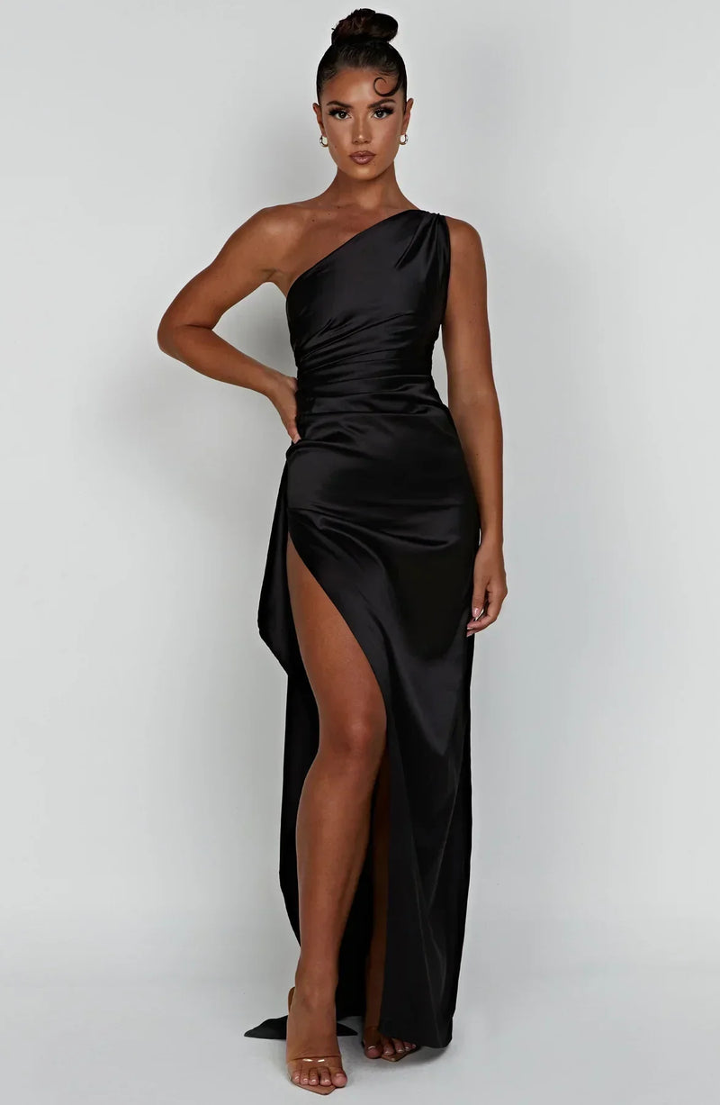Stylish Satin Dress with Pleats and Shoulder Detail - Selene-Red-XS-State of Style