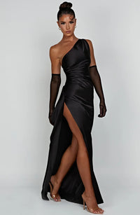 Stylish Satin Dress with Pleats and Shoulder Detail - Selene-Red-XS-State of Style