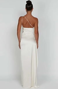 Stylish Satin Dress with Pleats and Shoulder Detail - Selene-Red-XS-State of Style
