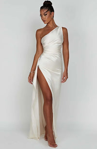 Stylish Satin Dress with Pleats and Shoulder Detail - Selene-Red-XS-State of Style