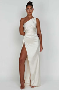 Stylish Satin Dress with Pleats and Shoulder Detail - Selene-Red-XS-State of Style