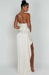 Stylish Satin Dress with Pleats and Shoulder Detail - Selene-Red-XS-State of Style
