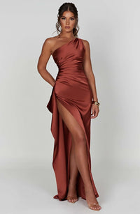 Stylish Satin Dress with Pleats and Shoulder Detail - Selene-Red-XS-State of Style