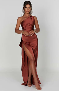 Stylish Satin Dress with Pleats and Shoulder Detail - Selene-Red-XS-State of Style