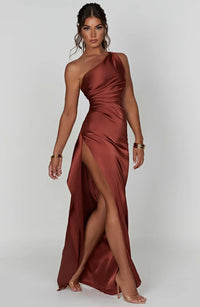 Stylish Satin Dress with Pleats and Shoulder Detail - Selene-Red-XS-State of Style