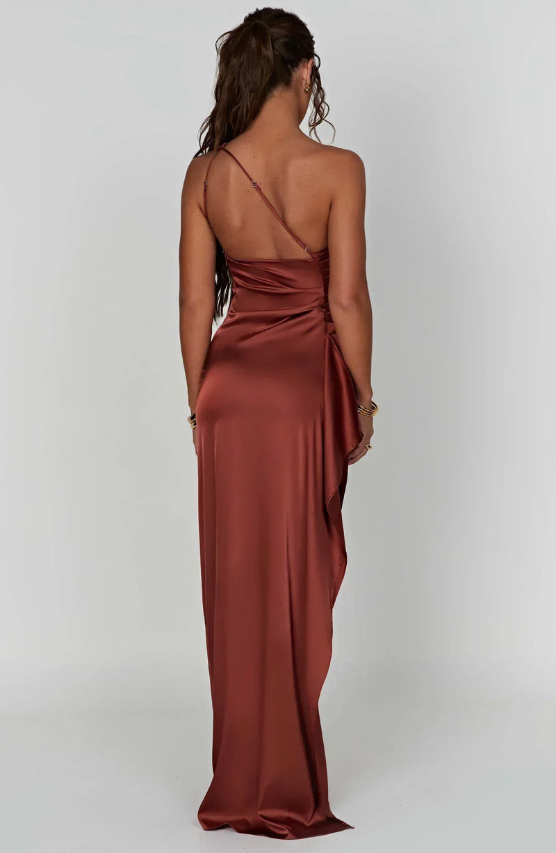 Stylish Satin Dress with Pleats and Shoulder Detail - Selene-Red-XS-State of Style