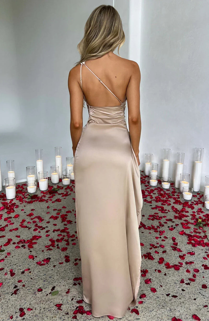 Stylish Satin Dress with Pleats and Shoulder Detail - Selene-Red-XS-State of Style
