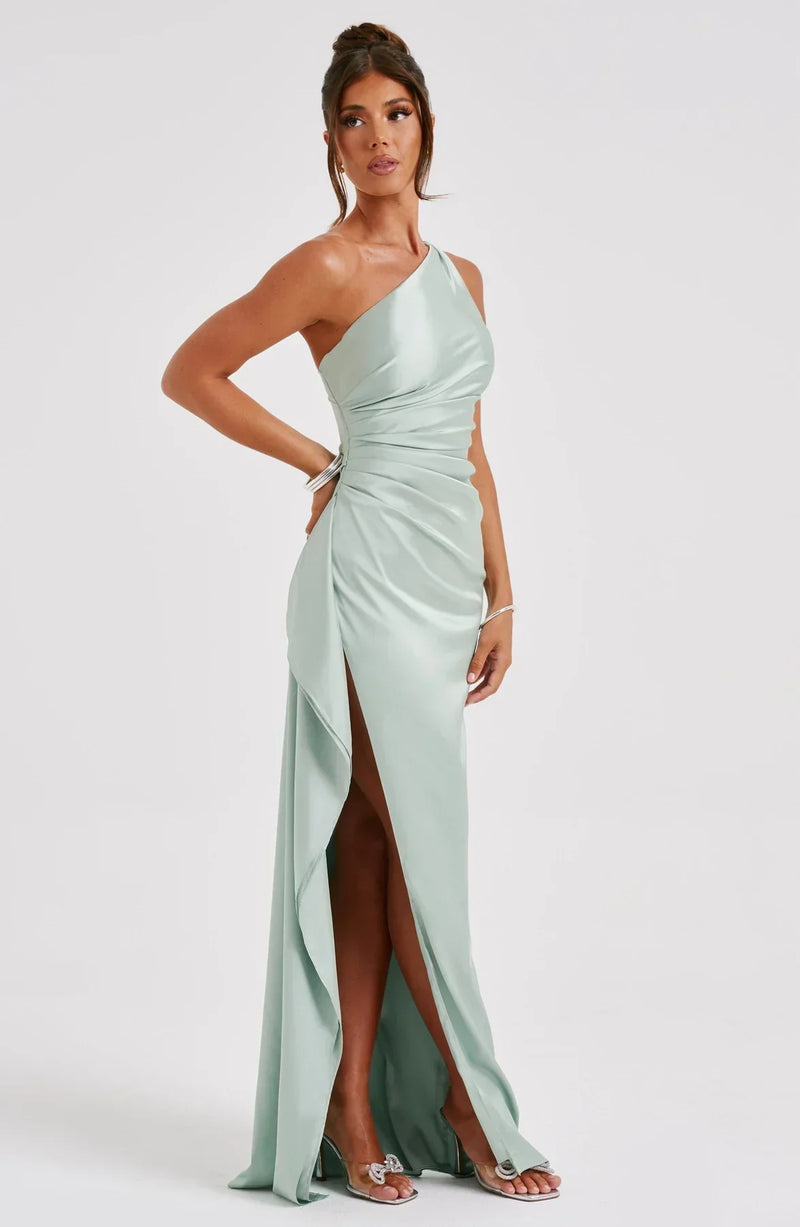 Stylish Satin Dress with Pleats and Shoulder Detail - Selene-Red-XS-State of Style