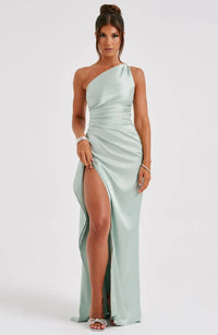 Stylish Satin Dress with Pleats and Shoulder Detail - Selene-Red-XS-State of Style