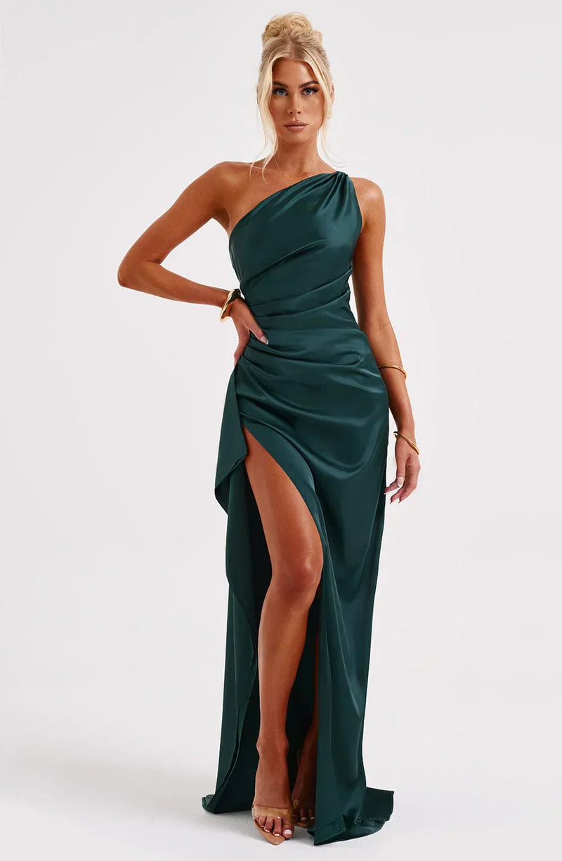 Stylish Satin Dress with Pleats and Shoulder Detail - Selene-Red-XS-State of Style