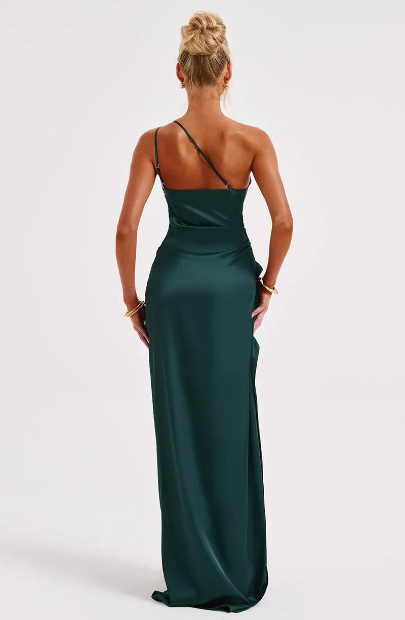 Stylish Satin Dress with Pleats and Shoulder Detail - Selene-Red-XS-State of Style
