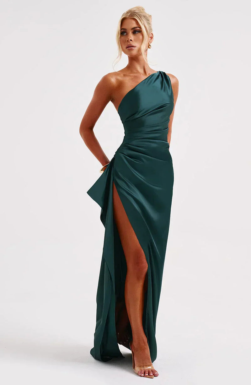 Stylish Satin Dress with Pleats and Shoulder Detail - Selene-Red-XS-State of Style